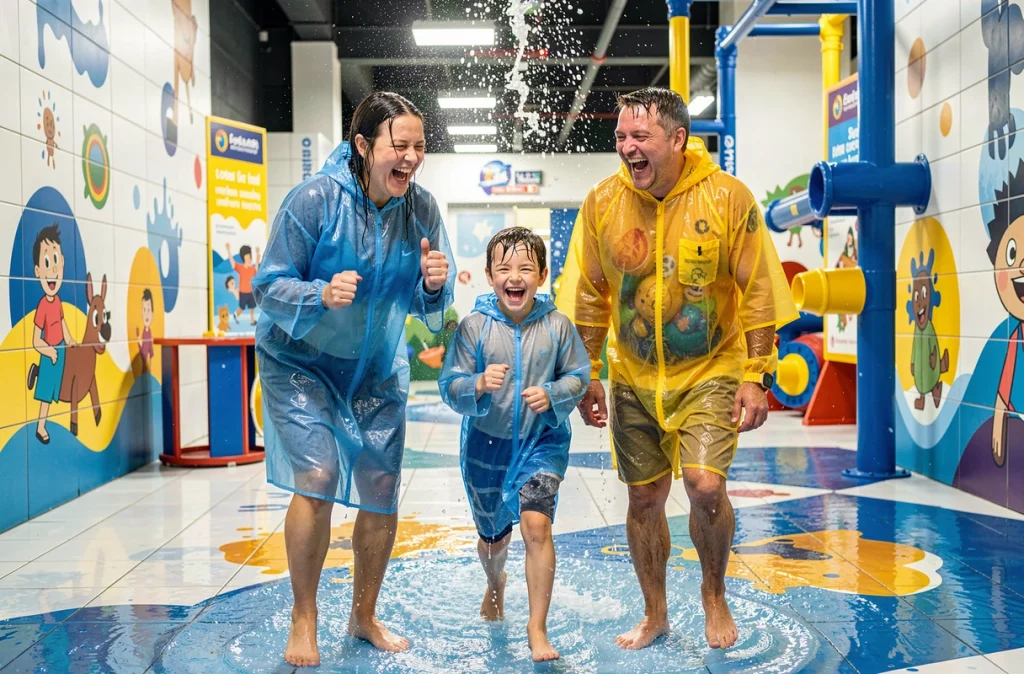 Famille hilare et complètement trempée sortant de la Splash Room de Neo Break, avec gouttelettes d'eau en suspension et ponchos de protection colorés