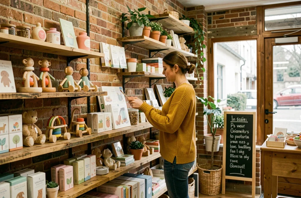 Cliente parcourant un mur de jouets en bois et produits bio dans la boutique Papicy à Mainvilliers