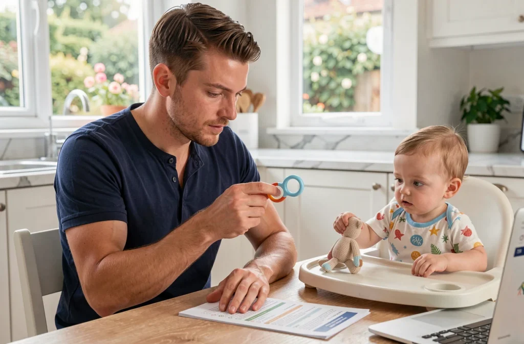 Père vérifiant la sécurité d'un hochet pour bébé de 7 mois avec une liste de contrôle dans une cuisine familiale