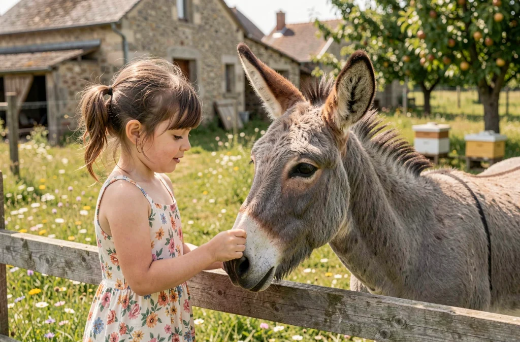 Petite fille nourrissant un âne gris au Rucher des Ânes à Rieux, avec des ruches et des prairies fleuries en arrière-plan dans la campagne de Haute-Garonne