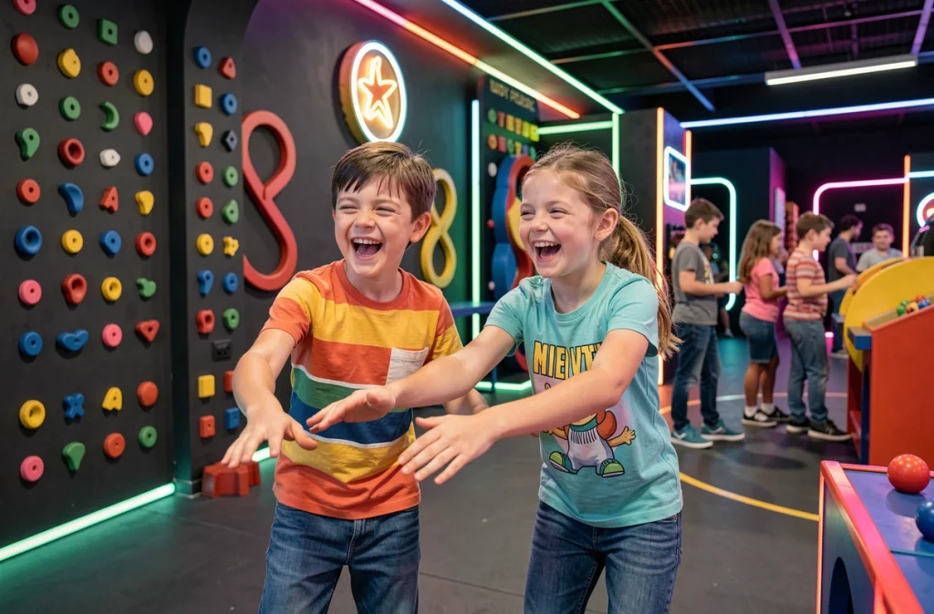 Deux enfants s'amusant dans les espaces de jeux interactifs et défis ludiques du Sensas Toulouse, avec décor coloré et zones de divertissement en intérieur