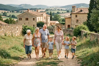 Famille multigénérationnelle explorant un site culturel en plein air en Haute-Garonne, avec enfants, parents et grands-parents souriants dans un paysage verdoyant occitan