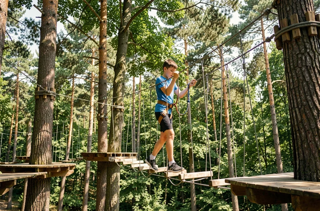Adolescent en train de traverser un pont de cordes en hauteur dans les arbres du parc accrobranche Tépacap à Rieumes, avec harnais de sécurité et forêt verdoyante