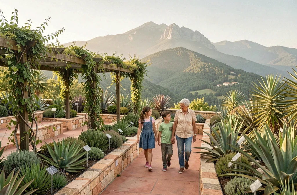 Grand-mère et deux petits-enfants se promenant dans les jardins en terrasses de Terra Botanica Occitanie à Barbazan, avec les contreforts des Pyrénées en arrière-plan