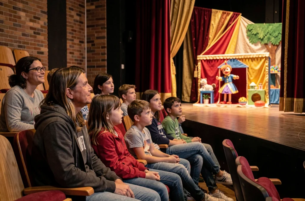 Famille assistant à un spectacle de marionnettes et de théâtre au Théâtre de la Violette à Toulouse, avec enfants captivés devant la scène décorée de tissus colorés