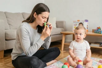 Mère vérifiant l'étiquette de sécurité d'un jouet en silicone pour bébé de 7 mois sur un parquet en bois