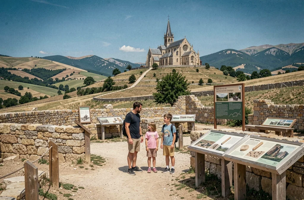 Père et deux enfants découvrant les vestiges gallo-romains et les reconstructions du Village des Patrimoines du Comminges à Saint-Bertrand-de-Comminges, avec la cathédrale en arrière-plan