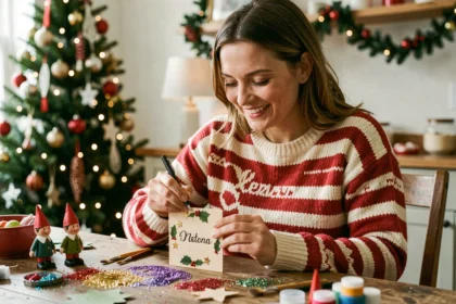 Femme préparant une étiquette de prénom pour un lutin de Noël farceur, entourée de décorations artisanales sur une table en bois rustique